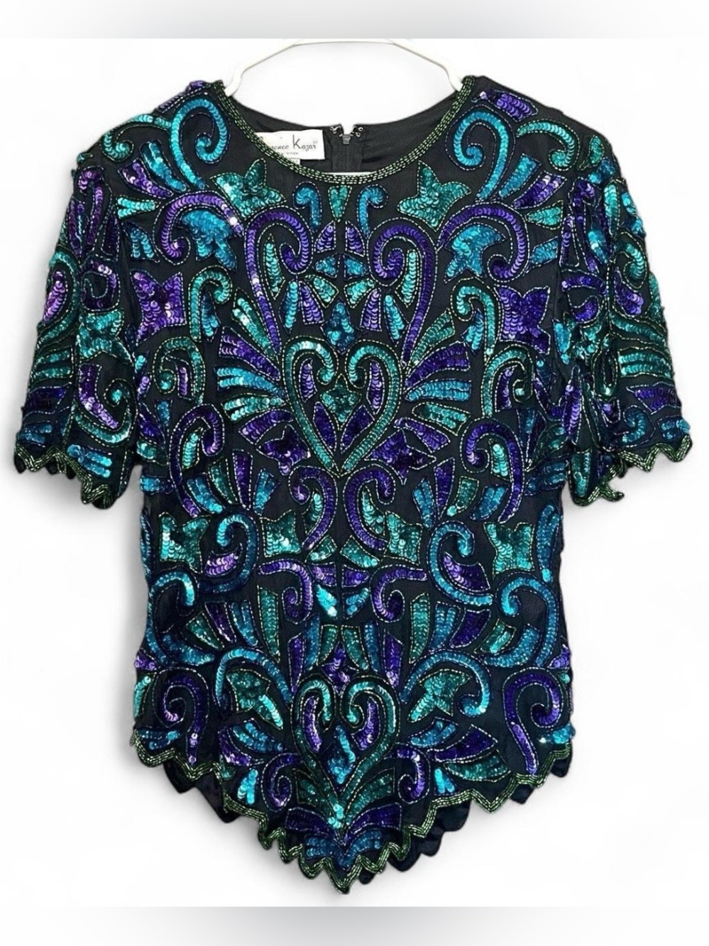 VTG Retro Glam Peacock Sequin Bead Silk Top Medium Art Deco Festival Mardi Gras